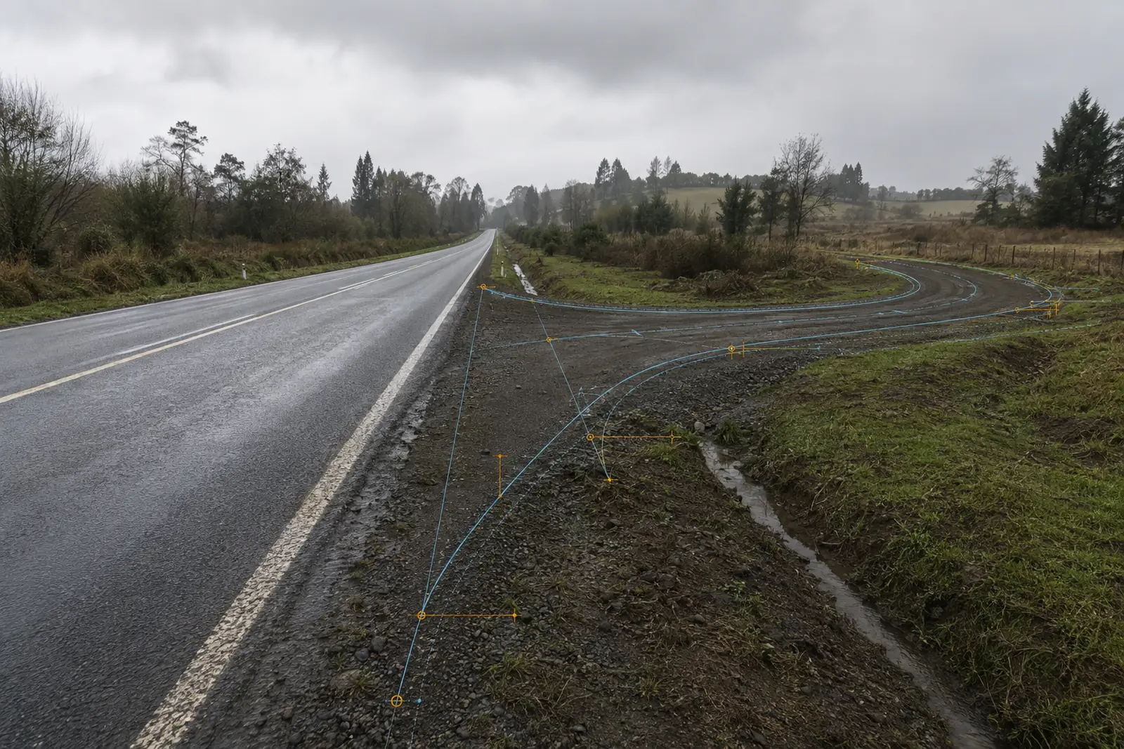 Ruta rural con el proyecto de un acceso vehicular trazado sobre la berma: radios de giro, ejes de calzada y puntos de replanteo