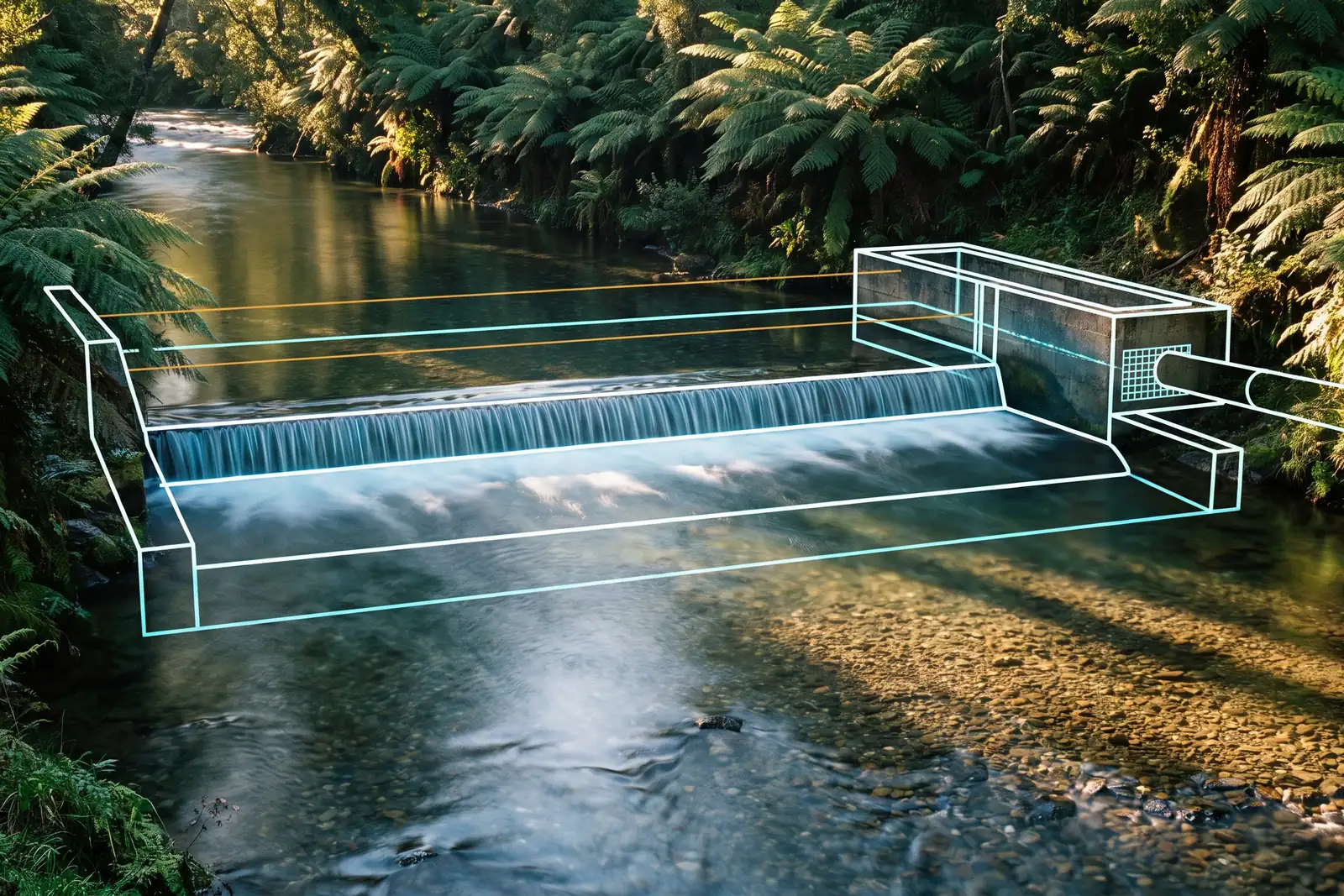 Estero del sur de Chile con el proyecto de una captación trazado sobre el cauce: barrera transversal con su coronamiento, radier de disipación aguas abajo, cámara de captación en la ribera con su reja y la línea de conducción saliendo hacia el bosque, con los niveles normal y de crecida marcados en ámbar