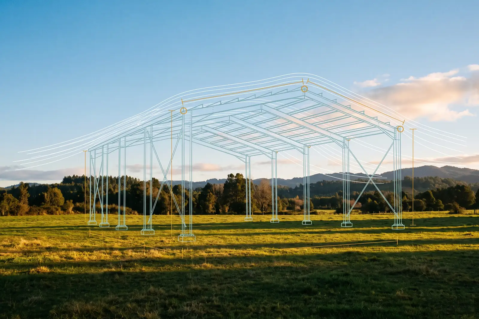 Potrero verde del sur de Chile con luz de amanecer, y sobre el terreno la estructura de acero de un galpón dibujada en líneas de ingeniería: pórticos, correas, arriostramientos en cruz y basas, con las líneas de flujo del viento pasando sobre la cubierta
